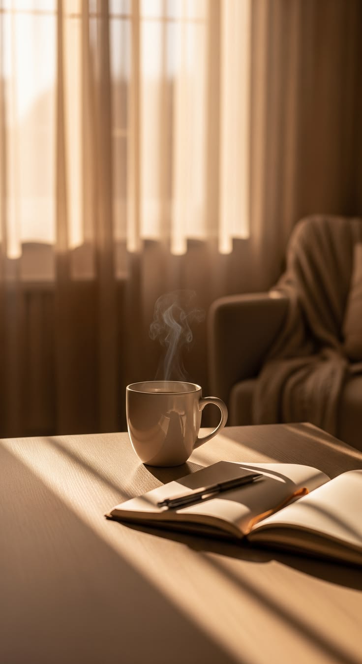 Caneca de café e caderno com caneta sobre a mesa